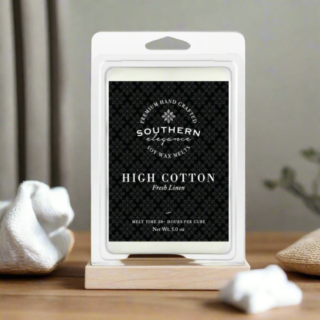 Black label that says 5oz High cotton Fresh Linen soy wax melt. melt time 20 hours per cube