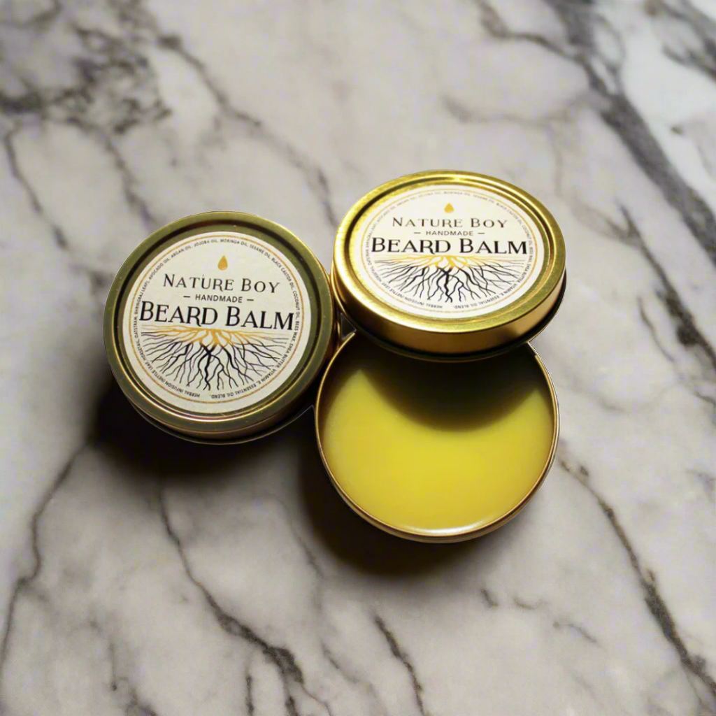 2oz Nature boy beard balm with lid off and on