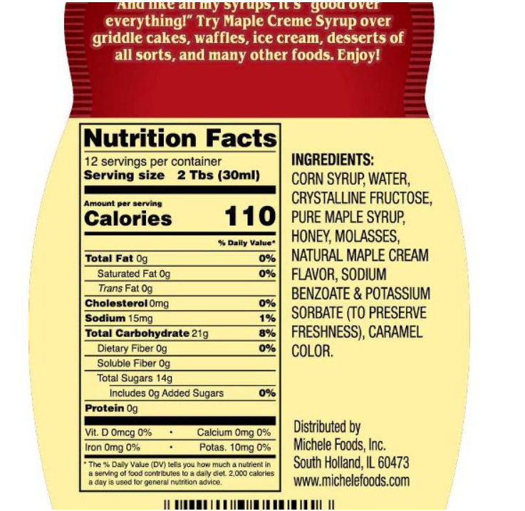 Syrup Nutrition facts