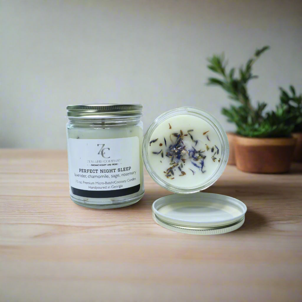 Open and closed 7.5 oz candle with lavender, chamomile, sage, and rosemary