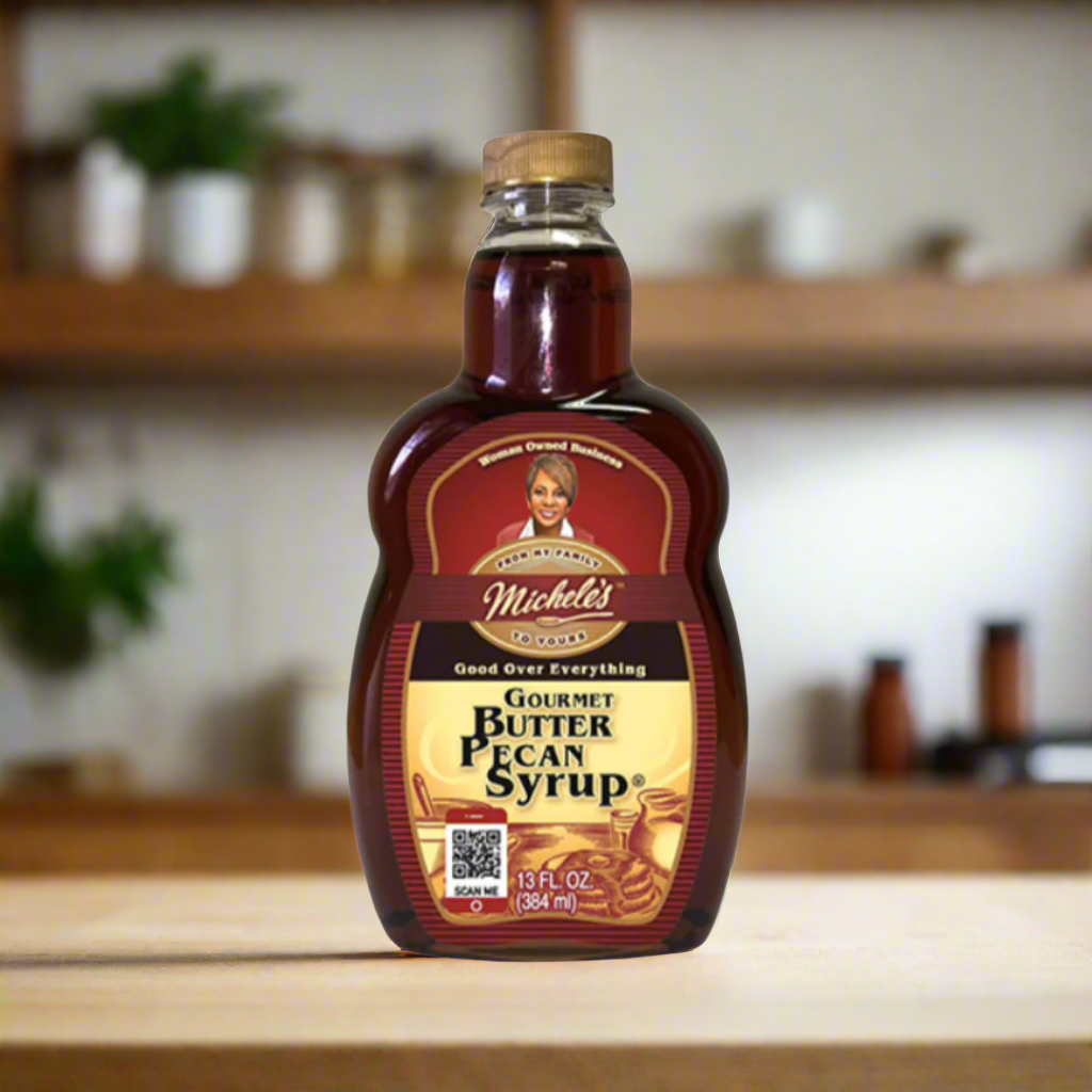 13 oz bottle Gourmet butter pecan syrup with gold lid